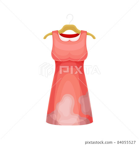 Dirty Red Dress with Stain and Spots on Hanger as Used Clothes for Laundry Vector Illustration 84055527