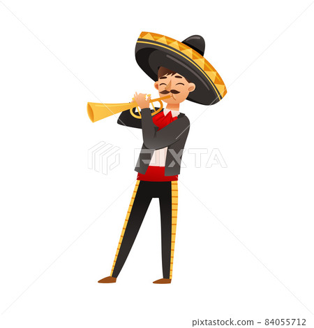 Boy wearing traditional Mexican clothes and sombrero hat playing trumpet cartoon vector illustration 84055712