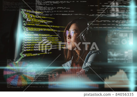 Asian Businesswoman working hard with front of computer desktop with programming source code and motion graphic over computer screen in work place at late times with exciting and serious action Asian Businesswoman working hard with front of computer desktop with programming source code and motion graphic over computer screen in work place at late times with exciting and serious action 84056335