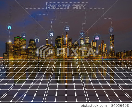 Technology connection line of Smart City Solar cell reflection with New York cityscape, network connection with wireless technology, fuel power generation and solar cell energy concept. Technology connection line of Smart City Solar cell reflection with New York cityscape, network connection with wireless technology, fuel power generation and solar cell energy concept. 84056498