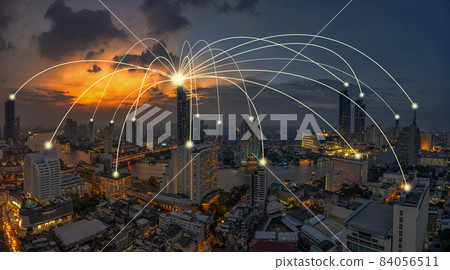 Computer Network connection line between building over Panorama of Bangkok cityscape river side Modern building at Fantastic twilight time, Connectivity and global networks concept 84056511