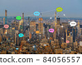 Various Bubble chat technology over Panorama of Top view of New York Cityscape from One World Trade Observatory as skyscraper at twilight. USA 84056557