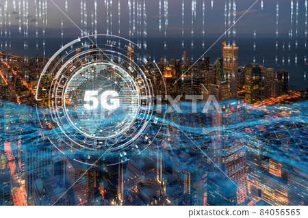 5G Connection Technology over Top view building of Chicago cityscape,wireless technology and centralized management, network connection and global communications with smart city concept 5G Connection Technology over Top view building of Chicago cityscape,wireless technology and centralized management, network connection and global communications with smart city concept 84056565