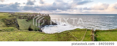 Aerial view of Downhill beach at County Antrim coastline - Northern Ireland 84056999