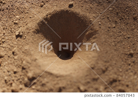 Old small hole in ground or steppe or field with texture of soil and sand Old small hole in ground or steppe or field with texture of soil and sand 84057843