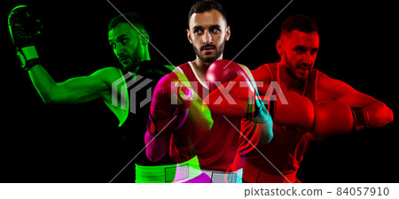 Creative collage of man, professional boxer training isolated over black background. Glitch and duotine effect 84057910