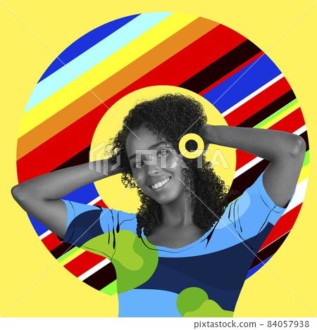 Contemporary art collage of young joyful girl dancing isolated over multicolored geometric circle design on yellow background 84057938