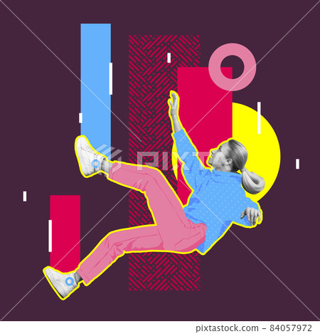 Contemporary art collage of young girl falling down isolated over purple background with geometric figures design Contemporary art collage of young girl falling down isolated over purple background with geometric figures design 84057972