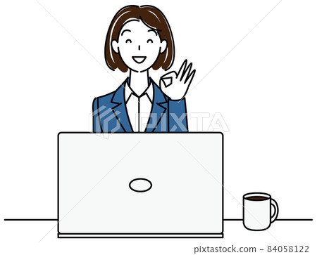Cute female illustration vector in a suit sitting in front of a computer and posing OK Cute female illustration vector in a suit sitting in front of a computer and posing OK 84058122