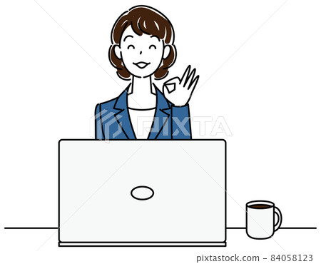 Cute female illustration vector in a suit sitting in front of a computer and posing OK Cute female illustration vector in a suit sitting in front of a computer and posing OK 84058123