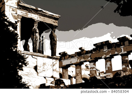 Temple Erechtheion with the famous porch of the caryatids instead of columns in the Acropolis Temple Erechtheion with the famous porch of the caryatids instead of columns in the Acropolis 84058304