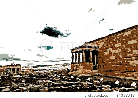 Temple Erechtheion with the famous porch of the caryatids instead of columns in the Acropolis 84058318