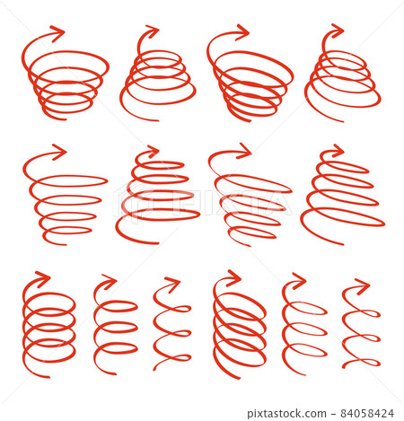 一組帶有帶標記的手寫樣式線的各種螺旋螺旋箭頭 84058424