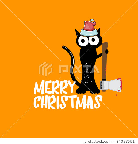 Merry Christmas greeting card or banner with Black cat with Santa hat holding bloody knife isolated on orange background. Funny Christmas black cat and knife. Christmas concept illustration Merry Christmas greeting card or banner with Black cat with Santa hat holding bloody knife isolated on orange background. Funny Christmas black cat and knife. Christmas concept illustration 84058591