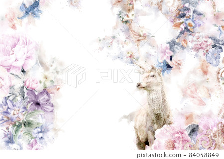 Watercolor bouquet and deer illustration 84058849