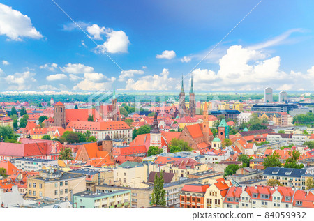 Top aerial panoramic view of old historical city centre of Wroclaw: Ostrow Tumski 84059932