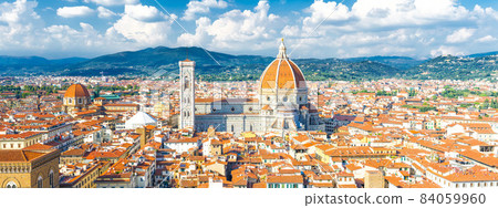 Top aerial panoramic view of Florence city with Duomo Cattedrale di Santa Maria del Fiore cathedral 84059960