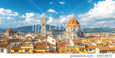 Top aerial panoramic view of Florence city with Duomo Cattedrale di Santa Maria del Fiore cathedral Top aerial panoramic view of Florence city with Duomo Cattedrale di Santa Maria del Fiore cathedral 84059975