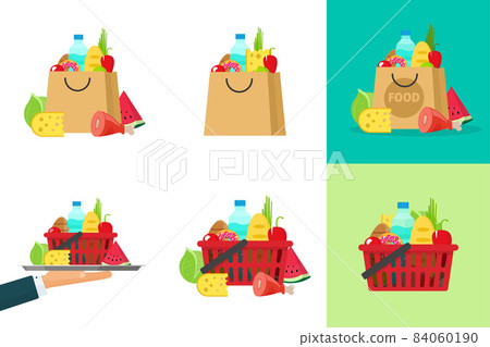 Food grocery paper bag pack icon vector and supermarket basket with fresh healthy meal and nutrition products isolated flat cartoon as delivery shop service, waiter hand serve with catering plate 84060190
