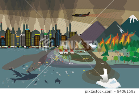 Vector illustration of the image of the natural environment destroyed by global warming in urban and rural areas 84061592
