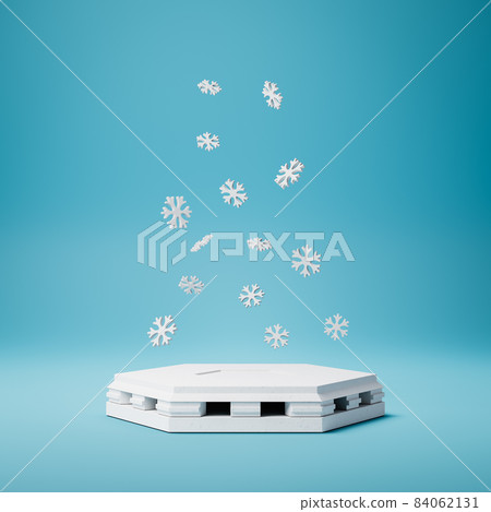 White Hexagonal Product Display Podium with Snowflakes on Blue Background 84062131