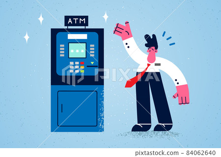 Smiling man use ATM machine for money withdrawal Smiling man use ATM machine for money withdrawal 84062640