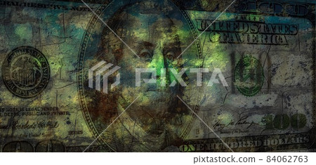 One hundred dollar bill with shabby old texture and green spots, collage. One hundred dollar bill with shabby old texture and green spots, collage. 84062763