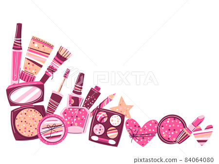 Background with cosmetics for skincare and makeup. Illustration for advertising. Beauty and fashion items. Background with cosmetics for skincare and makeup. Illustration for advertising. Beauty and fashion items. 84064080