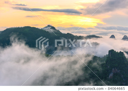 Morning mist Viewpoint Baan Jabo, the most favourite place for tourist in Mae Hong Son province Thailand. 84064665