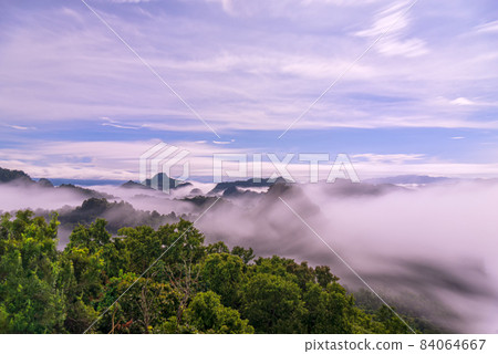 Morning mist Viewpoint Baan Jabo, the most favourite place for tourist in Mae Hong Son province Thailand. 84064667