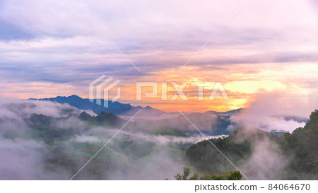 Morning mist Viewpoint Baan Jabo, the most favourite place for tourist in Mae Hong Son province Thailand. 84064670
