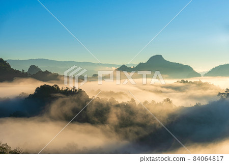 Morning mist Viewpoint Baan Jabo, the most favourite place for tourist in Mae Hong Son province Thailand. 84064817