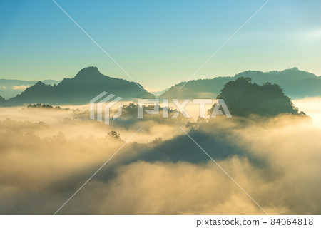 Morning mist Viewpoint Baan Jabo, the most favourite place for tourist in Mae Hong Son province Thailand. 84064818