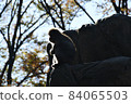 Sideways silhouette of a monkey climbing a monkey mountain 84065503