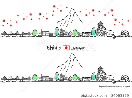 A simple line drawing set of the cityscape of tourist spots in Ehime prefecture and the new coronavirus 84065529