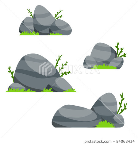 Set of stones. Scenery of nature, forests and mountains. Pile of rubble. Flat cartoon illustration. Decorative element. Grass and green plants 84068434