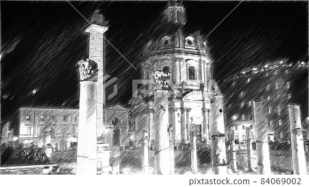 Black and white digital sketch of a night view of the square of Rome overlooking the imperial forums Black and white digital sketch of a night view of the square of Rome overlooking the imperial forums 84069002