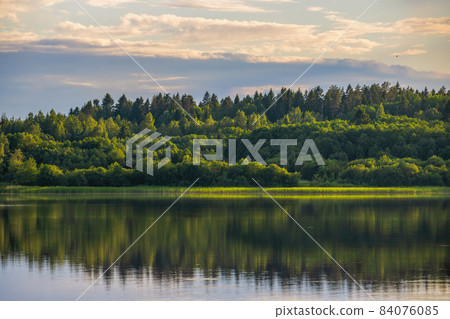 Beautiful summer landscape. View of the lake and forest. 84076085