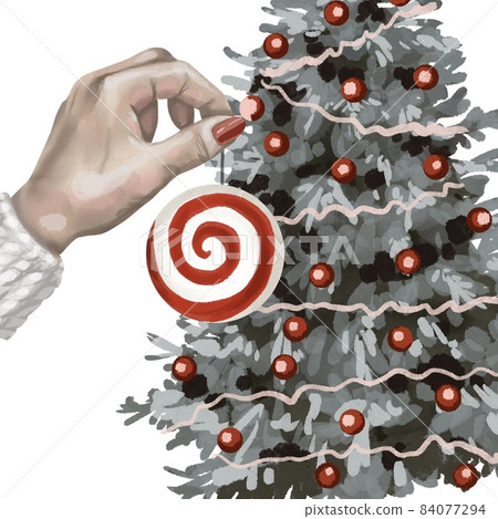 watercolor scene. decorates the tree for Christmas. hangs a Christmas tree toy on the Christmas tree. watercolor scene. decorates the tree for Christmas. hangs a Christmas tree toy on the Christmas tree. 84077294