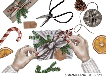 watercolor scene. hands decorate Christmas gifts. isolated on a white background watercolor scene. hands decorate Christmas gifts. isolated on a white background 84077296