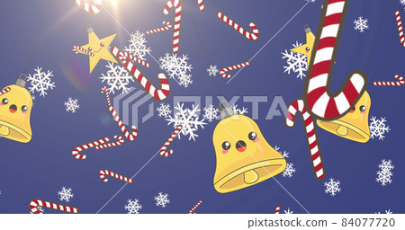 Image of falling snowflakes and christmas decorations on blue background Image of falling snowflakes and christmas decorations on blue background 84077720