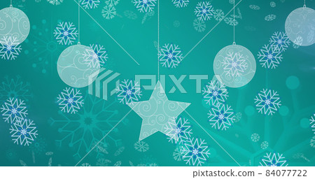 Image of christmas balls over snowflakes on blue background Image of christmas balls over snowflakes on blue background 84077722