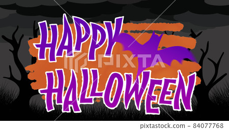 Image of halloween greetings and bat moving over orange and black background with trees Image of halloween greetings and bat moving over orange and black background with trees 84077768
