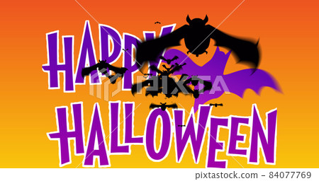 Image of halloween greetings and bats flying on orange background Image of halloween greetings and bats flying on orange background 84077769