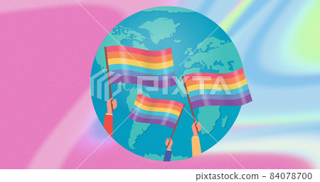 Image of rainbow flags over globe on pastel background Image of rainbow flags over globe on pastel background 84078700