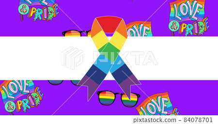 Image of rainbow ribbon over purple background with love and pride texts Image of rainbow ribbon over purple background with love and pride texts 84078701