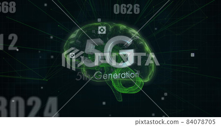 Image of 5g 5th generation text with numbers changing over glowing human brain on black backgrou Image of 5g 5th generation text with numbers changing over glowing human brain on black backgrou 84078705
