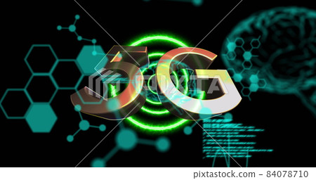 Image of 5g text with data processing over glowing human brains and purple circles Image of 5g text with data processing over glowing human brains and purple circles 84078710