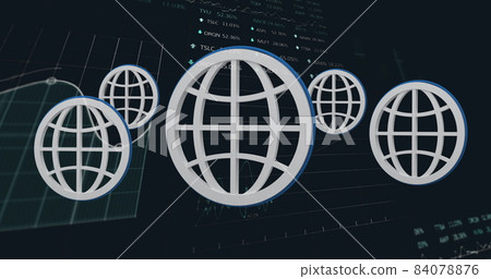 Multiple web icons against statistical and stock market data processing on black background 84078876