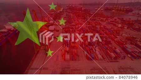 Image of chinese flag flowing over busy port Image of chinese flag flowing over busy port 84078946
